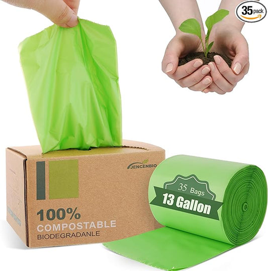 JENCENBIO Compost Bags, 13 Gallon, 50Liter, Extra Thick 1.1 Mils, Compostable Food scrap waste bags with US BPI ASTM D6400 and Europe OK Compost Home Certified