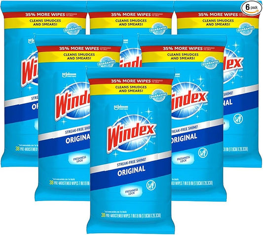 Windex Glass Cleaning Wipes, Pre-Moistened Glass and Surface Wipes to Clean Home Surfaces, Household Essentials, Original Scent, 38 Count (Pack of 6)