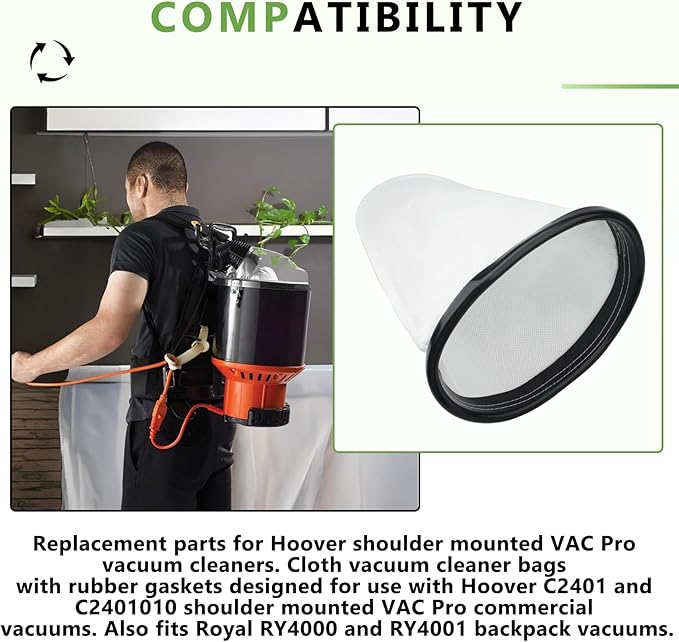 2KE2105000 HEPA Cloth Bag Liner, HEPA Hoover Vacuum Cleaner Cloth Bag Fits for Hoover C2401, C2401010 Shoulder Vac Pro, Royal RY4000, RY4001 Backpack Shoulder Vacuum Cleaner, 4 Pack