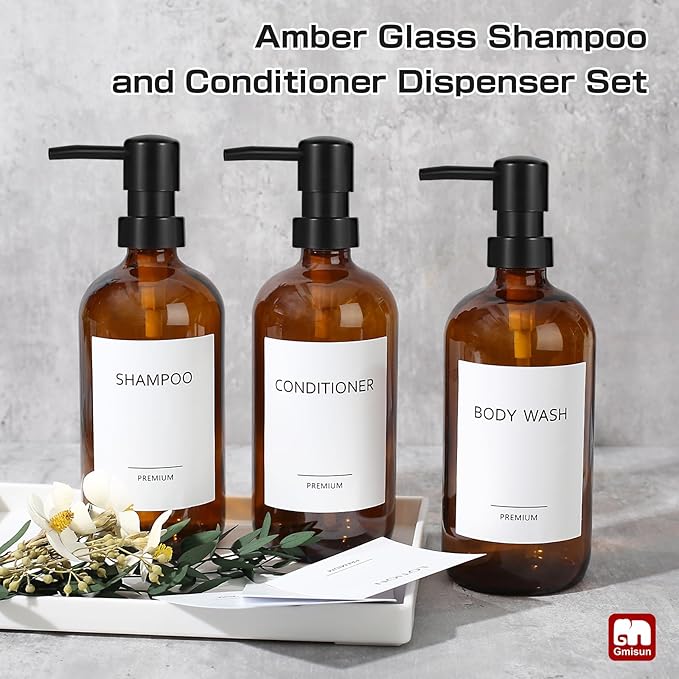 GMISUN Glass Shampoo and Conditioner Dispenser, Shower Soap Dispenser Bottles with Labels, Refillable Shampoo Conditioner Body Wash Dispensers, Amber Glass Soap Pump Dispenser Set for Bathroom Shower