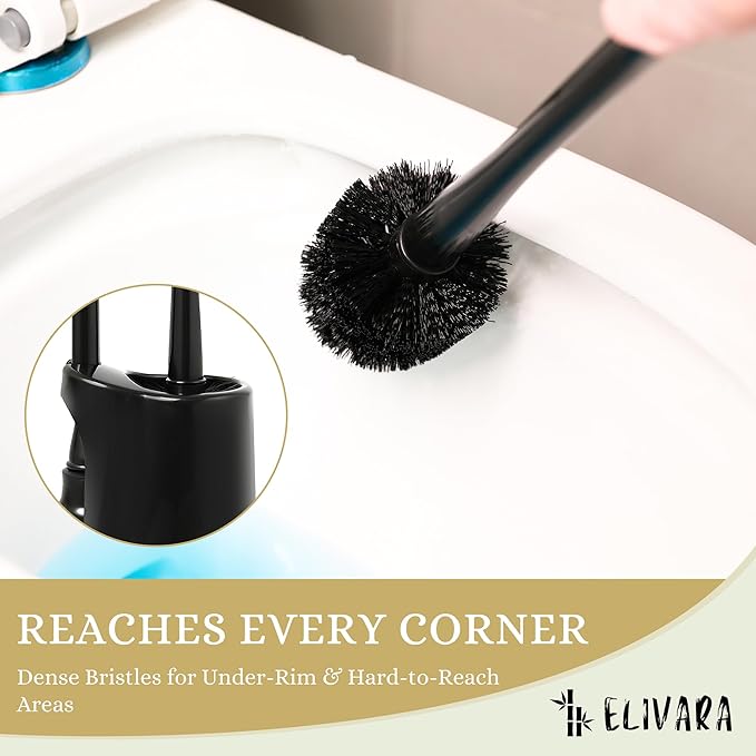 ELIVARA Toilet Plunger and Bowl Brush Combo with Dual-Compartment Holder – Heavy Duty Suction, Ergonomic Handles, Anti-Splash, Sleek Compact Design (Black)