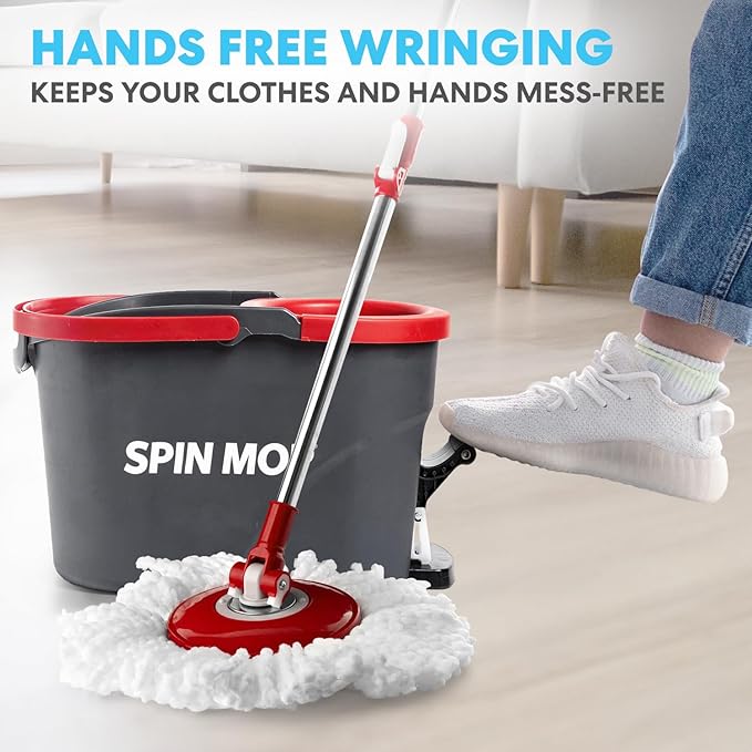 SIMPLI-MAGIC 79349 Spin Mop Cleaning System with 3 Microfiber Mop Heads, Red/GRAY,Red/Black