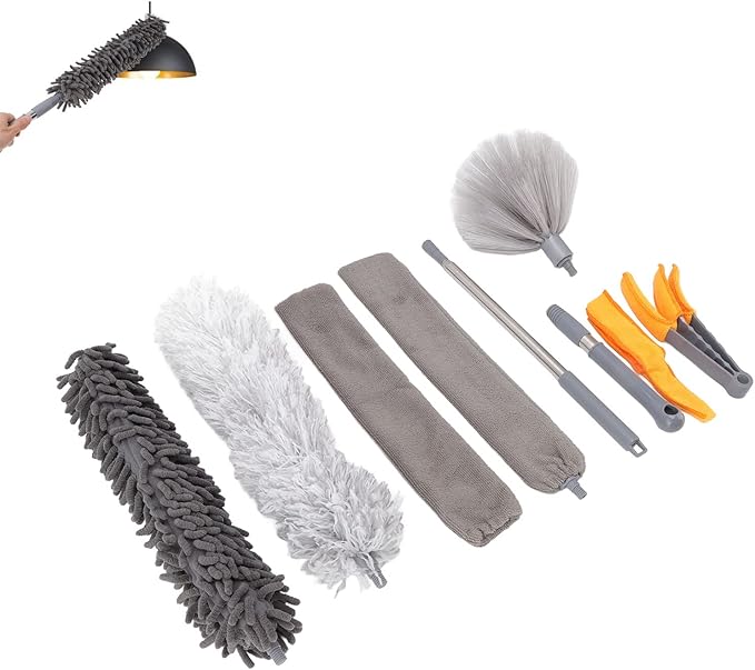 Tyenaza 9Pcs Microfiber Duster Kit, Extendable Feather Duster House Cleaning Tool for Home Use