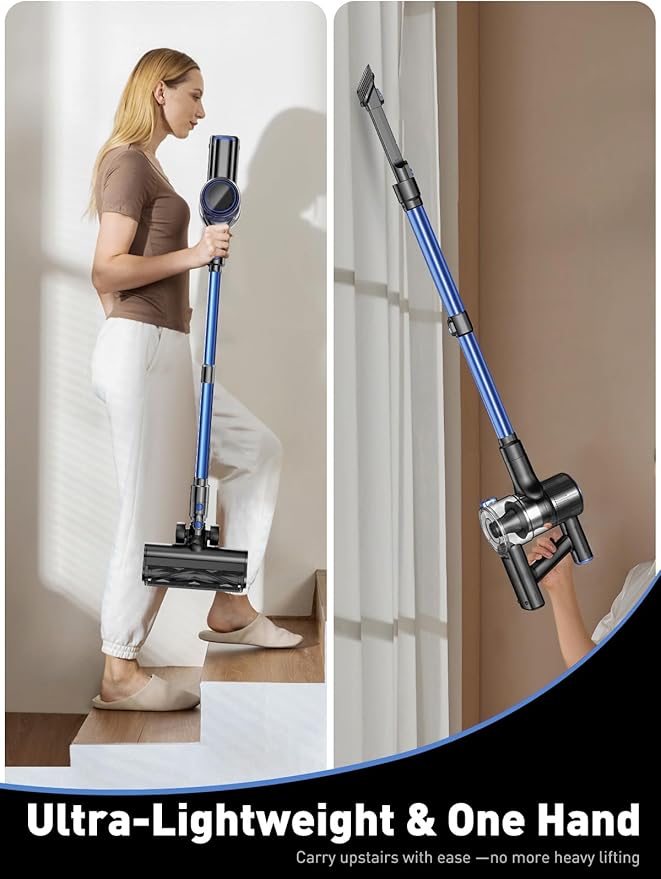 OUYFHK Cordless Vacuum Cleaner, 45000Pa/450W/50Mins Vacuum Cleaners for Home, 8-in-1 Stick Vacuum with LED Screen, Anti-Tangle, Lightweight Rechargeable Vacuum for Carpet Pet Hair Hardwood Floor Blue