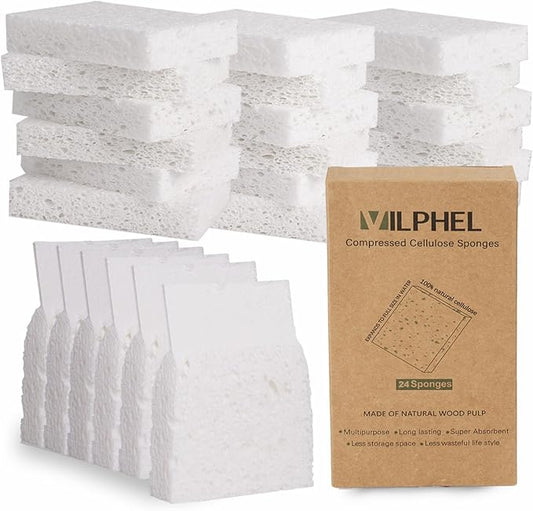 Vilphel White Plant Based Sponges for Kithcen, 24 Count, Dehydrate, Natural, Organic, Non Abrasive, No odor, Durable Washable Recycled Soft Bio-Based Cellulose Sponge for Washing Dishes and Countertop