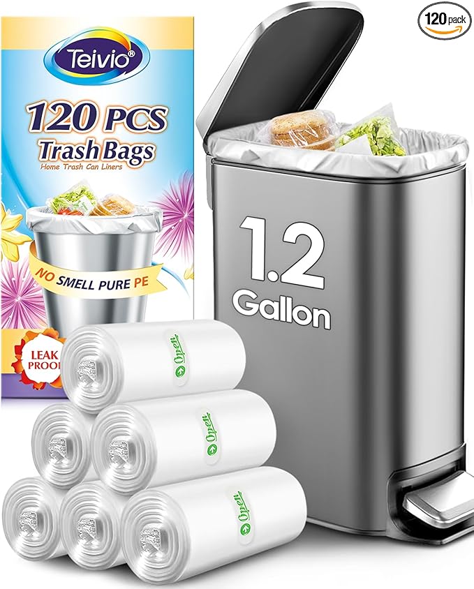 1.2 Gallon 120 Counts Strong Trash Bags Garbage Bags, Bathroom Trash Can Waste Basket Liners, Small Plastic Bags for home office kitchen, fit 5 Liter 5L, 1 Gal, Clear