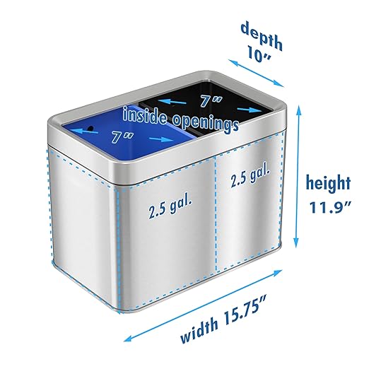 iTouchless 20 Liter / 5.3 Gallon Open Top Waste Trash Can & Recycle Bin with 2 Recycle Stickers, Dual Compartment Slim Stainless Steel Container