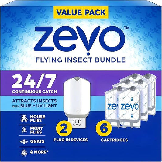 Zevo 2 Plug-in Flying Insect Traps with 6 Refill Cartridges – Indoor Fly Trap & Bug Catcher for Gnats, Fruit Flies, and Moths – Safe, Clean & Effective