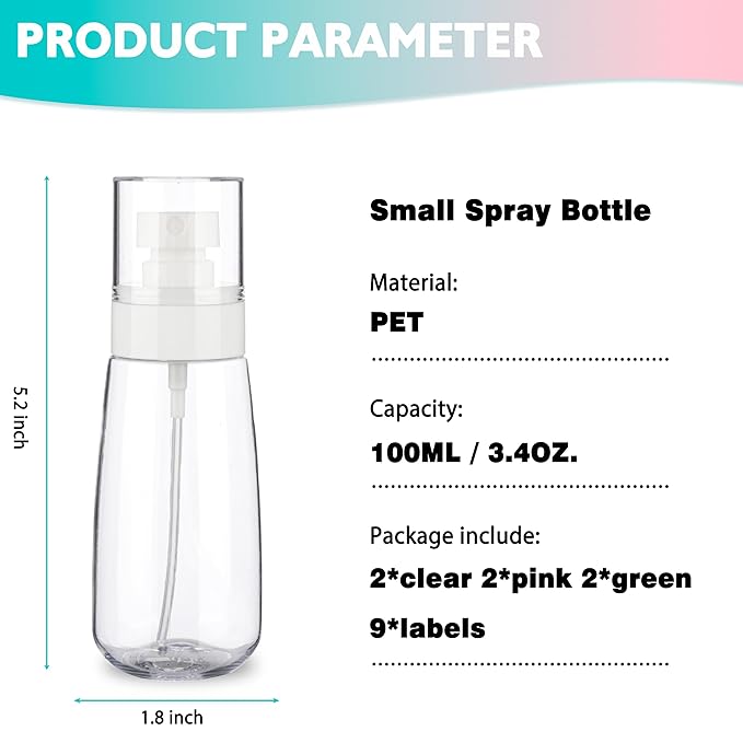 6 Pack 3.4oz/100ml Small Spray Bottle, Empty Plastic Mini Spray Bottles, Fine Mist Travel Spray Bottle for Hair and Face, with 9pcs Labels