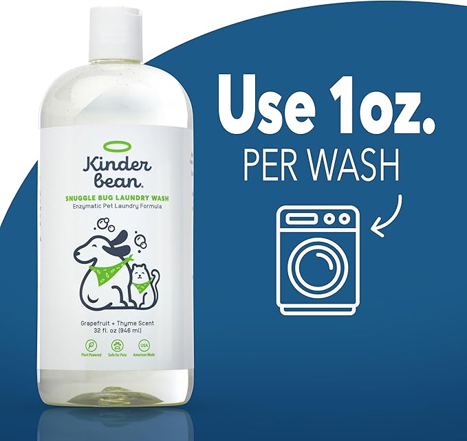 Kinderbean Dog and Cat Laundry Wash, 32 oz. Enzyme Formula Pet Laundry Detergent Removes Pet Odors, Cleans Stains from Cat Urine or Dog Urine, Safe Laundry Odor Eliminator for Bedding, Collars, Toys