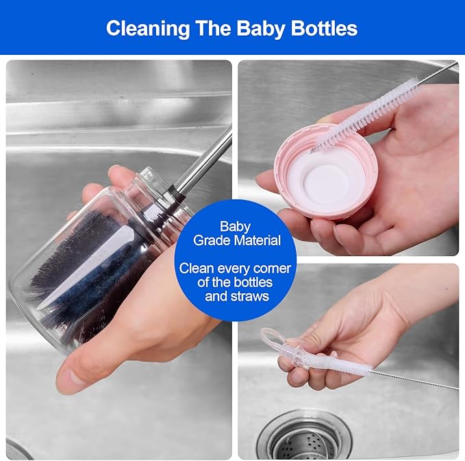 SweeBe Bottle Brush, Long Stainless Steel Handle Water Bottle Brush Cleaner, Sports Bottle Scrubber, Kitchen Scrub Cleaning Brushes for Beer Bottles, Cups, Wine Glasses, Coffee Mugs, Tumblers, Thermos