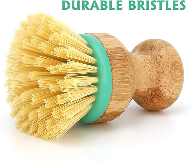 TOPULORS Set of 3 Bamboo Dish Scrub Brushes Wooden Handle Stiff Bristles Scrubbers for Cast Iron Pans Pots Vegetables Sink Cleaning - Durable Kitchen Dish Washing Brush (2 Mini and 1 Long Handle)…