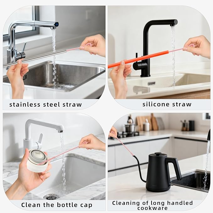 TenderBloom Silicone Straw Cleaner Brush, 4-Piece Reusable Straw Brush Set with Extra-Long Design for Cleaning Thin Metal Straws and Wider Milkshake Straws （6mm+9mm Pink)