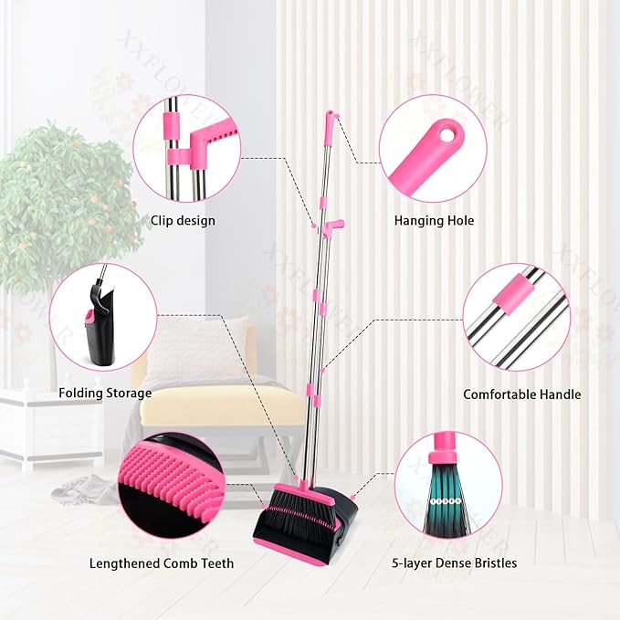 XXFLOWER Broom and Dustpan Set, Long Handle Lightweight Dustpans with Broom Combo for Home, Indoor&Outdoor Sweeping for Home Room Kitchen Office Lobby (Black Pink)