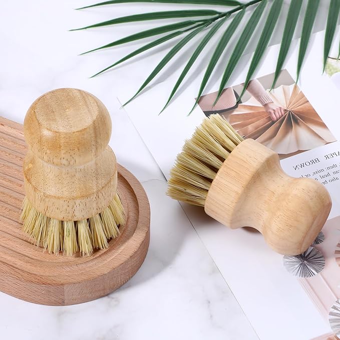 COMNICO 10 Pcs Bamboo Dish Scrub Brush Set, Mini Natural Wooden Scrubbers Set Round Dish Brush Vegetable Durable Scrubber Cleaning Kit for Cleaning Pot Pan Sink