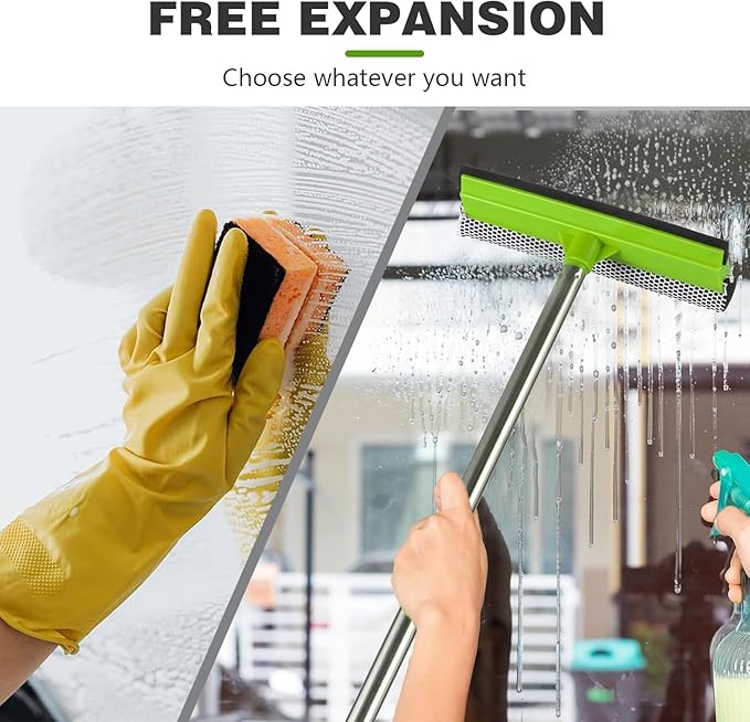 Bryquelin 2-in-1 Window Squeegee with 30"-59" Stainless Steel Adjustable Handle - Glass Cleaner for Shower Doors, Car Windshield & High Outdoor Windows
