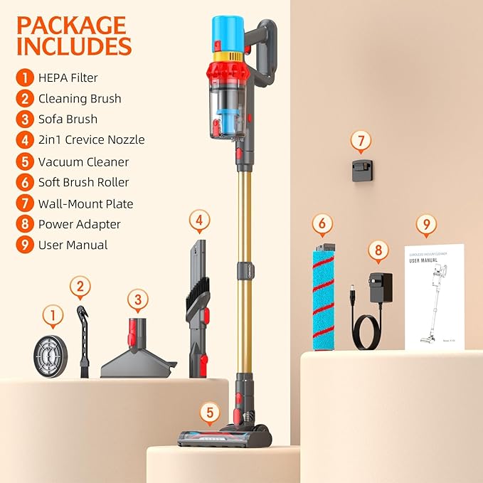 KZJKZJ Cordless Vacuum Cleaner, 550W 70Mins Powerful Suction Stick Vacuum, Anti-Tangle, Lightweight Vacuum Cleaner for Home, Rechargeable Vacuum Cordless for Hard Floor/Carpet/Pet Hair, LED Screen