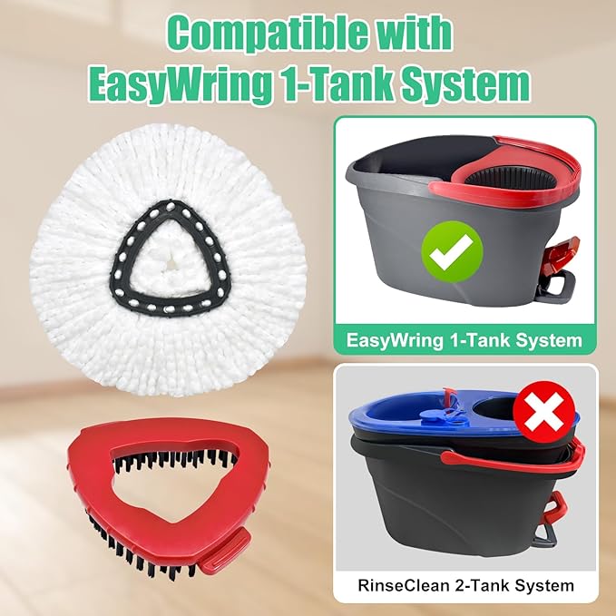 Mop Handle Mop Replace Heads and Mop Base Brush Replacement for O Cedar EasyWring 1-Tank Spin Mop System Include 2 Mop Head, 4-Section Mop Handle, 1 Base and 1 Scrub Brush Combo Set for Floor Cleaning
