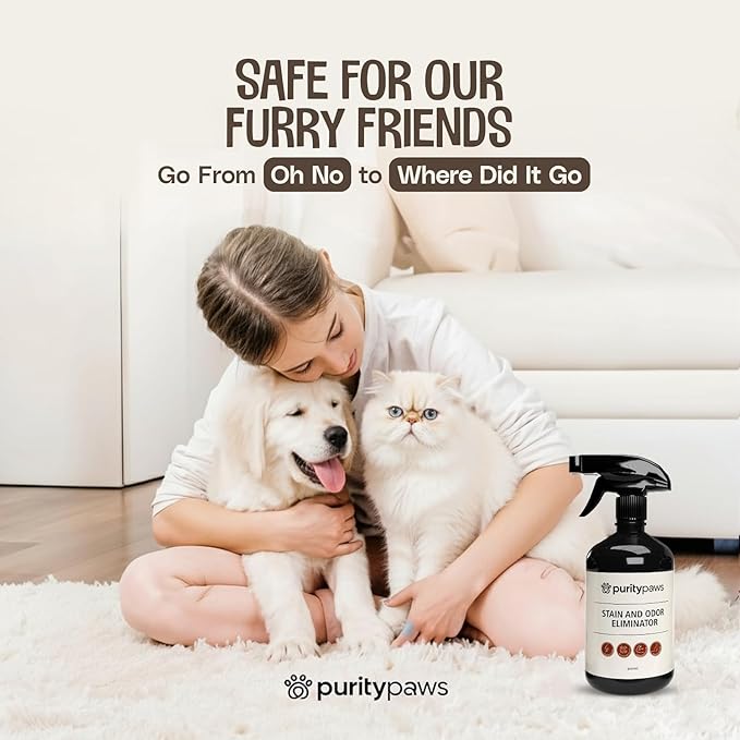 Purity Paws Pet Stain & Odour Remover – Fast-Acting Enzyme Cleaner for Dog & Cat Urine, Feces & Vomit – Pet Safe Odor Eliminator for Carpet, Upholstery, Car, Bedding, Tiles – Puppy Essentials – 500ml