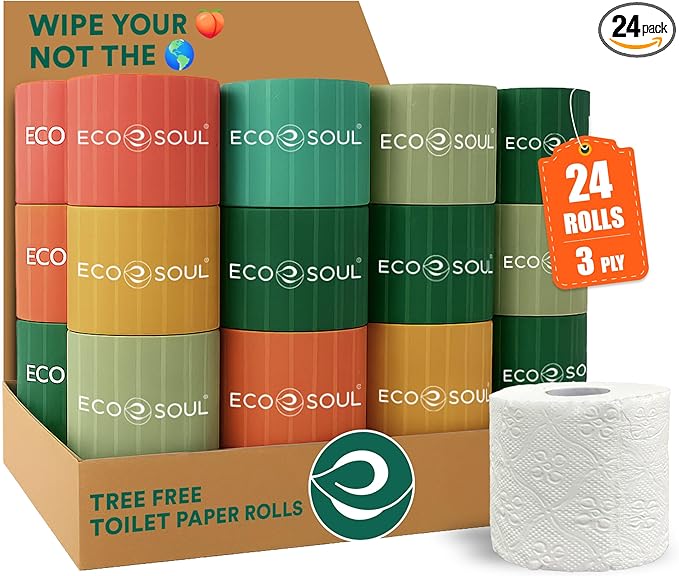 Eco Soul Premium Bamboo Toilet Paper 3 Ply | 24 Mega Rolls | 300 Sheets Each | FSC Certified Hypoallergenic, Textured & Skin-Friendly Septic-Safe Soft Bathroom Tissue Eco-Friendly Chemical & Dye Free