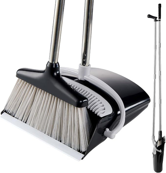Broom and Dustpan Set Lightweight Upright Lobby Broom and Dust Pan Combo with Long Handle Outdoor Indoor for Home Kitchen Room Office (Gray and Black)