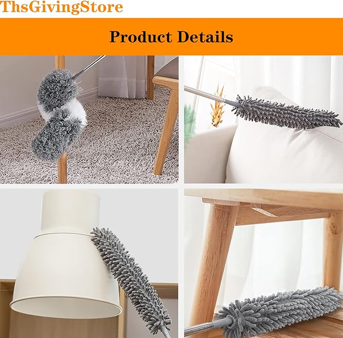 4PCS Ceiling Fan Duster with Extension Pole 16-98'', Microfiber Dust Brush + Gap Mop + Chenille Duster + Retractable Pole, Bendable Washable Feather Dusters for Cleaning Ceilings, Wall and Car