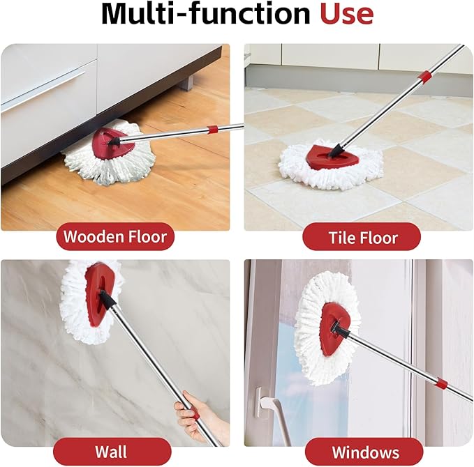 ANREKEYH Spin Mop Replace Head, Base, Handle Compatible with O Cedar EasyWring Microfiber Spin Mop, 4 Mop Refills Replacement Heads, 30-58in Mop Handle and 1 Mop Base Combo Set (White (1-Tank System))