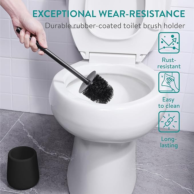 Navaris Toilet Brush and Holder Set, Black - Toilet Brushes & Holders - Soft Touch & Rubber Coated Loo Brush with Stainless Steel Handle - Adjustable Silicone Water Stopper
