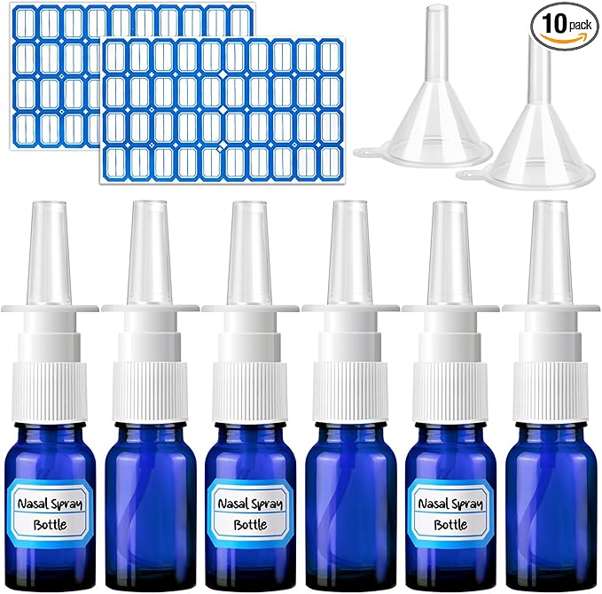 10 Pcs Nasal Spray Bottle, 10ML/0.35OZ 6 Pcs Glass Bule Refillable Fine Mist Nasal Spray Bottles Empty with 2 Pcs Funnels and 2 Pcs Labels