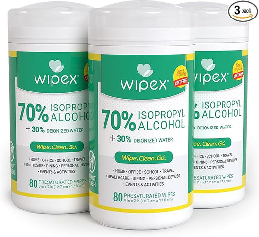 Wipex 70% Isopropyl Alcohol Wipes for Electronics - 80ct Large Lint Free IPA Wipes in Sealed Canister to clean Surfaces, Electronics, Computer Screens, Glasses, 80 Count (Pack of 3)
