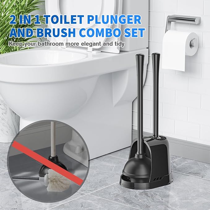 Toilet Plunger and Brush,2 Pack Bowl Brush and Heavy Duty Toilet Plunger Set with Ventilated Holder, 2-in-1 Toilet Brush and Plunger Combo for 5.3-inch Toilet Drain Bathroom Cleaning