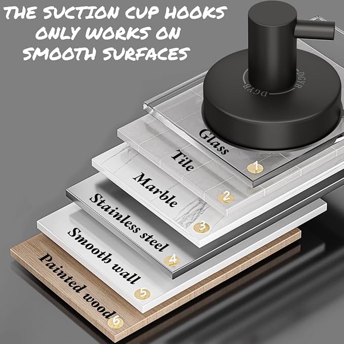 DGYB Suction Cup Hooks for Shower Black Bathroom Hooks Suction Set of 2 Removable Wall Hook for Hanging Towels, Robe, Loofah, Coats