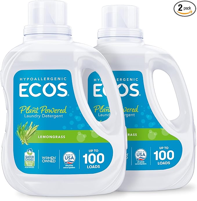 ECOS Laundry Detergent Liquid, 200 Loads - Dermatologist Tested Laundry Soap - Hypoallergenic, EPA Safer Choice Certified, Plant-Powered - Lemongrass, 100 Fl Oz (Pack of 2)