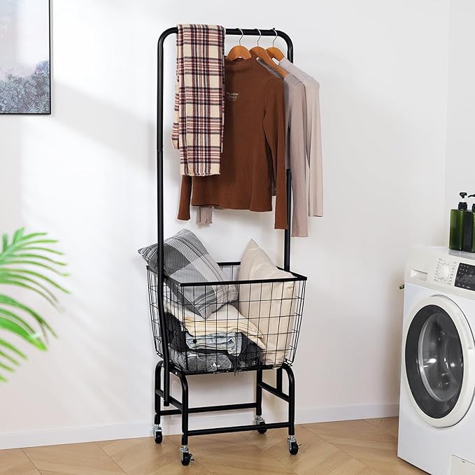 ALIMORDEN Laundry Cart with Clothes Rack, Rolling Laundry Cart with Wheels, Extra Large Basket, Black