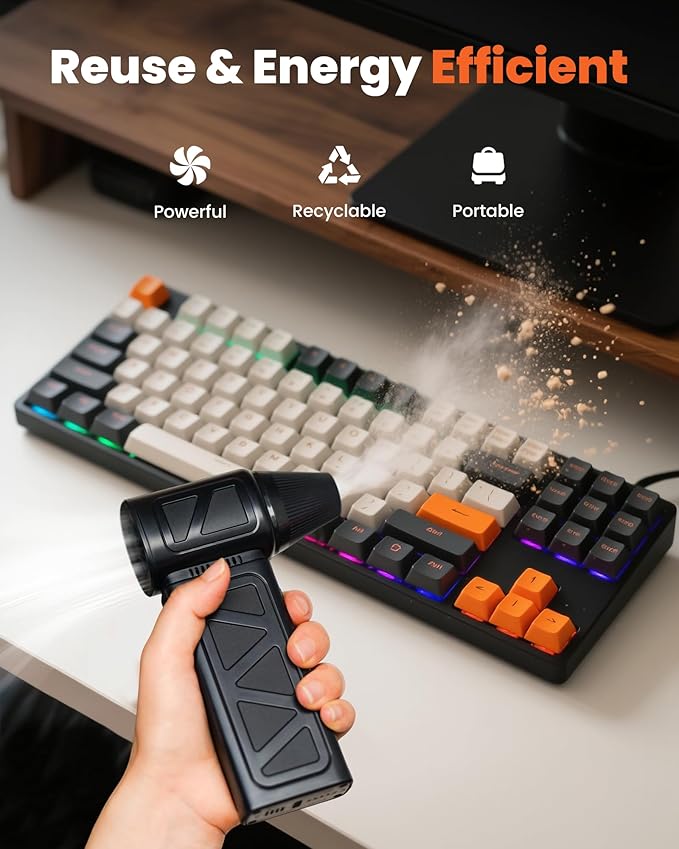 Kitravoxx Compressed Air Duster, 150000RPM Cordless Air Duster 5-Gear Adjustable Electric Air Duster, Rechargeable Brushless Motor Air Blower for Keyboard, PC, Car, Outdoor and Home Cleaning