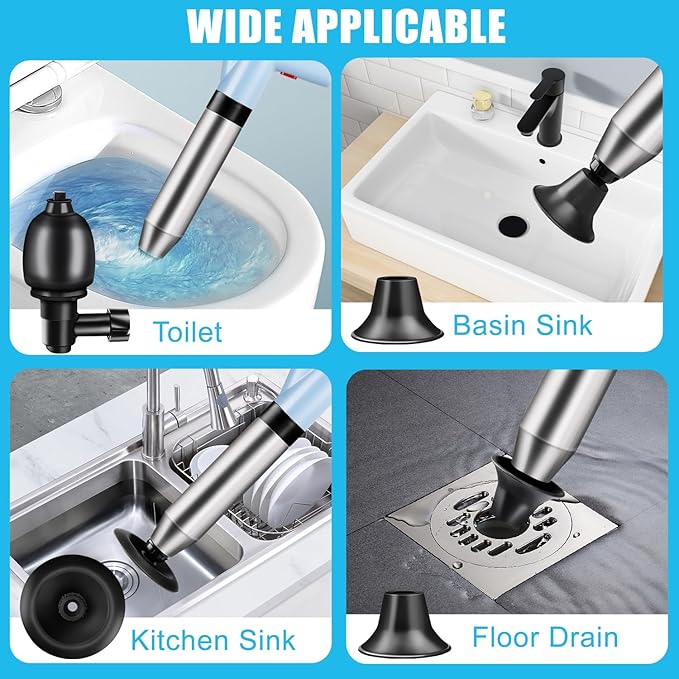 WOHPW Fast High Pressure Toilet Plunger with Real-Time Barometer | Heavy Duty Air Drain Blaster & Unclogger Tool for Bathroom, Toilets, Sinks, Tubs, Pipes | Clog Remover Kit & Toilet Snake Alternative