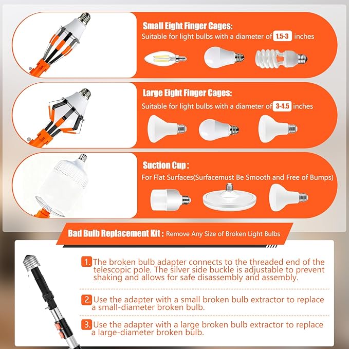 20FT Light Bulb Changer for High Ceilings with 5-12FT Heavy Duty Extension Pole,High Ceiling Ceiling Fan Cleaner Duster Kit for Home & House High Window, Interior Roof Window Cleaning Orange