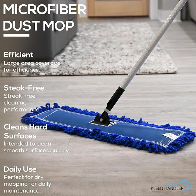 KLEEN HANDLER 24 Inch Microfiber Dust Mop, Medium Washable Commercial, Sweeper, Janitorial Head Replacement, Push Mop Broom, Blue