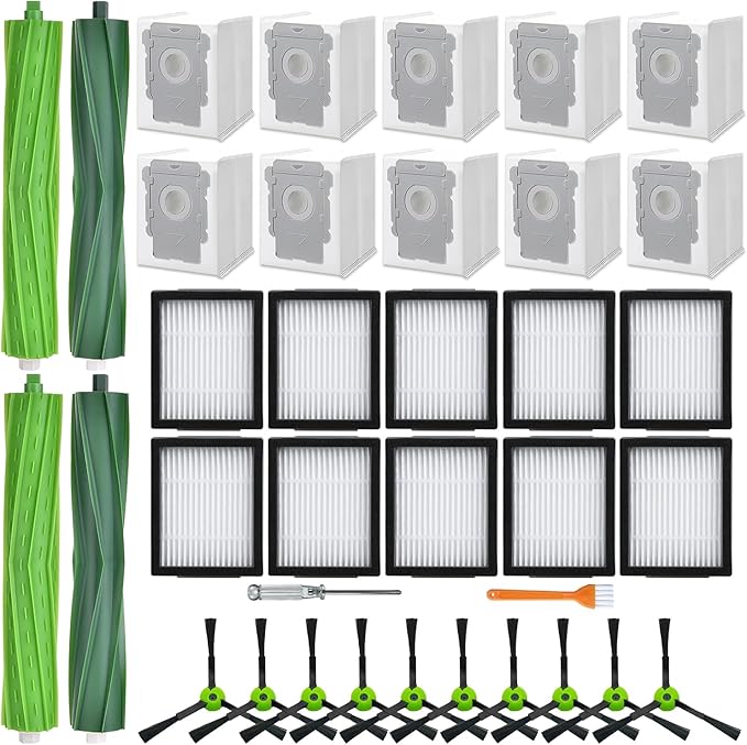 APZOVO 32 Pack Replacement Parts for iRobot Roomba i7 i7+ i3 i3+ i4 i4+ i5 i5+ i6 i6+ i8 i8+ E5 E6 E7 j6 j6+ j7 j7+ Combo i5 i5+ j5 j5+, 2 Set of Roller Brush 10 Filter 10 Vacuum Bag 10 Side Brush