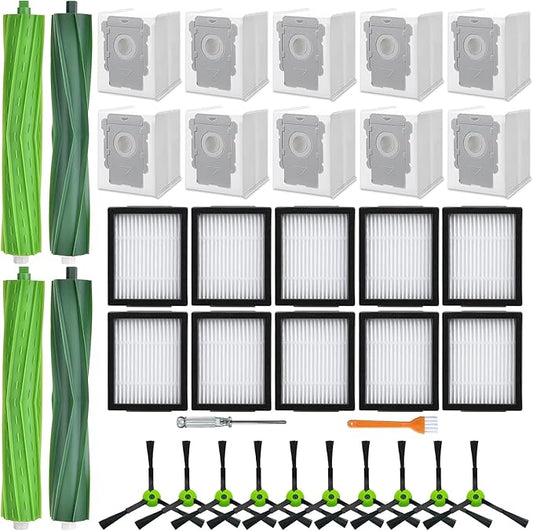 APZOVO 32 Pack Replacement Parts for iRobot Roomba i7 i7+ i3 i3+ i4 i4+ i5 i5+ i6 i6+ i8 i8+ E5 E6 E7 j6 j6+ j7 j7+ Combo i5 i5+ j5 j5+, 2 Set of Roller Brush 10 Filter 10 Vacuum Bag 10 Side Brush