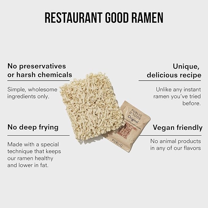 Public Goods Ramen Noodles | Brothless Vegan & Vegetarian Instant Ramen | Healthy, High Protein Asian Noodle | Preservative Free | No Added MSG | Original, Sesame Paste & Spicy Sesame Oil (30 Pack)