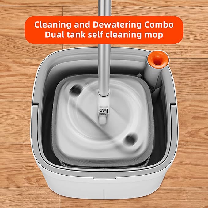 KZKR Spin Square mop and Bucket System with Wringer Set for Home with 2 Mop Pads (Grey,White)