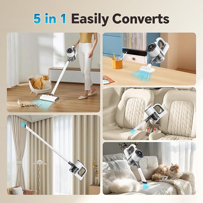 Cordless Vacuum Cleaner for Home, Powerful Stick Vacuum Cleaner with LED Screen and 3-Speed Suction, Rechargeable Vacuum Cordless, Lightweight Handheld Vacuum for Hard Floors Carpets Pet Hair, White