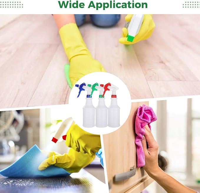 Lnrueg 18 PCS 16 oz Plastic Spray Bottles with 3 Funnels and 5 Stickers - PE Cleaning Gardening Spray Bottles with Adjustable Nozzles Red, Green, Blue