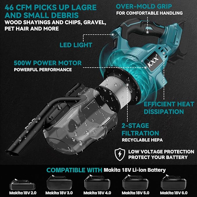 Cordless Vacuum for Makita 18V Battery, 5 in 1 Handheld Electric Vacuum Cleaner with 500W Powerful Motor, 46 CFM Portable Hand Vacuum with Filtration HEPA for Floor, Carpet, Car (Battery Not Included)
