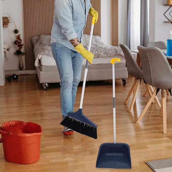 ULTECHNOVO Stand Up Dustpan and Broom Set - Long Handle Broom with Upright Standing Dust Pan - Angled for Indoor Outdoor Home Kitchen Office Floor Cleaning (Blue)
