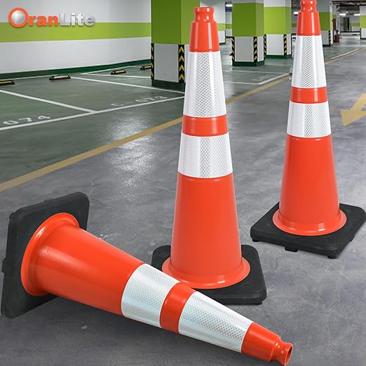 Fluorescent Orange PVC Traffic Cones, Heavy-Duty Black Base Garage Parking Lot Cones Structurally Stable Weatherproof Road Construction Safety Cones (8, Orange, 28" Large)