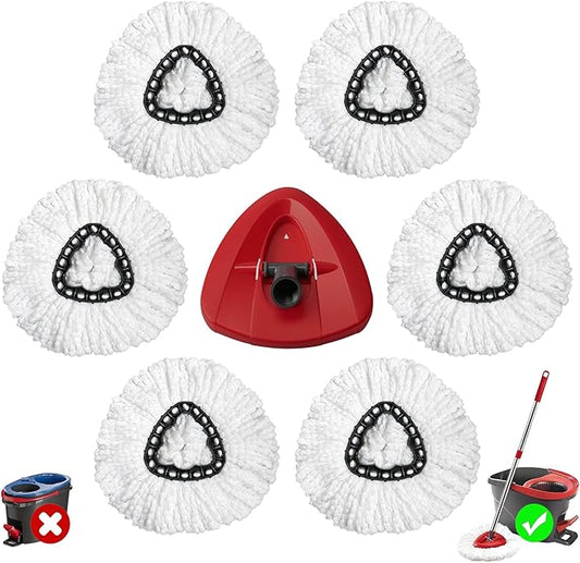 Mop Head Replacements Compatible with O-Cedar EasyWring 1-Tank System, 6 Durable Microfiber Replacement Mop Heads and 1 Triangular Base for Hardwood, Tile & Laminate Floors, Washable & Reusable