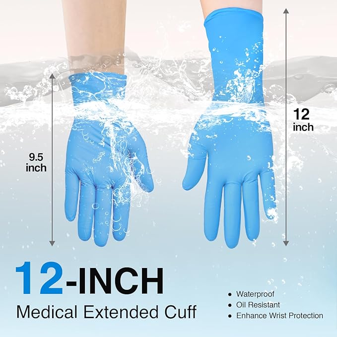 Schneider Nitrile Exam Gloves, Extended 12 Inches Cuff, Large, 4 mil, 100-ct Box, Gloves Disposable Latex Free, Powder Free for Medical, Food Prep, Cleaning, Cooking, Blue