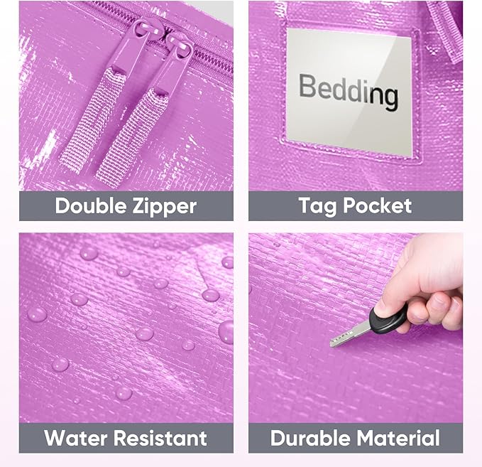 TICONN 6 Pack Extra Large Moving Bags with Zippers & Carrying Handles, Heavy-Duty Storage Tote Moving Boxes for Space Saving (6 Pack, Pink)